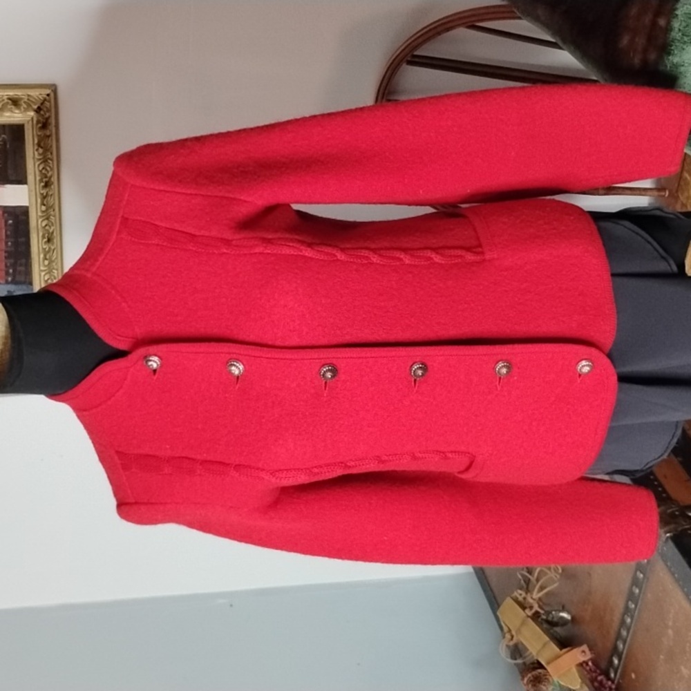 - Kitz Pichler Red Wool Blazer Cable Knit Detail with Brass Buttons